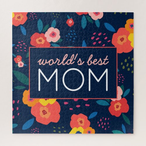 Worlds Best Mom Modern Floral in Blue Jigsaw Puzzle
