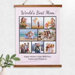 World's Best Mom Mother's Day Photo Collage Pink Hanging Tapestry