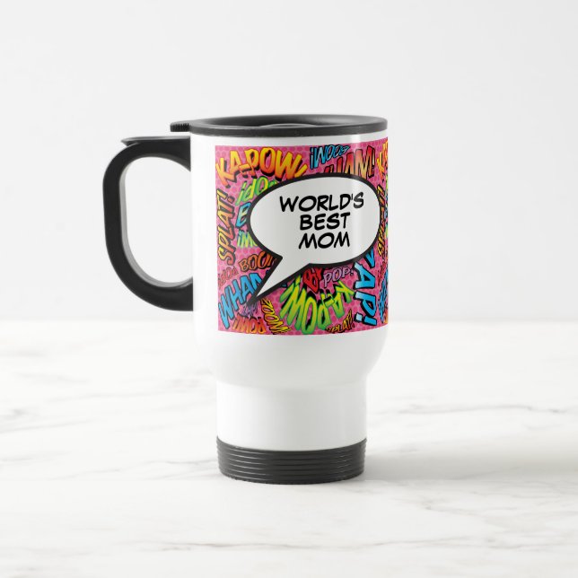 World's Best Mom, Mum, Mother Fun Retro Comic Book Travel Mug (Left)