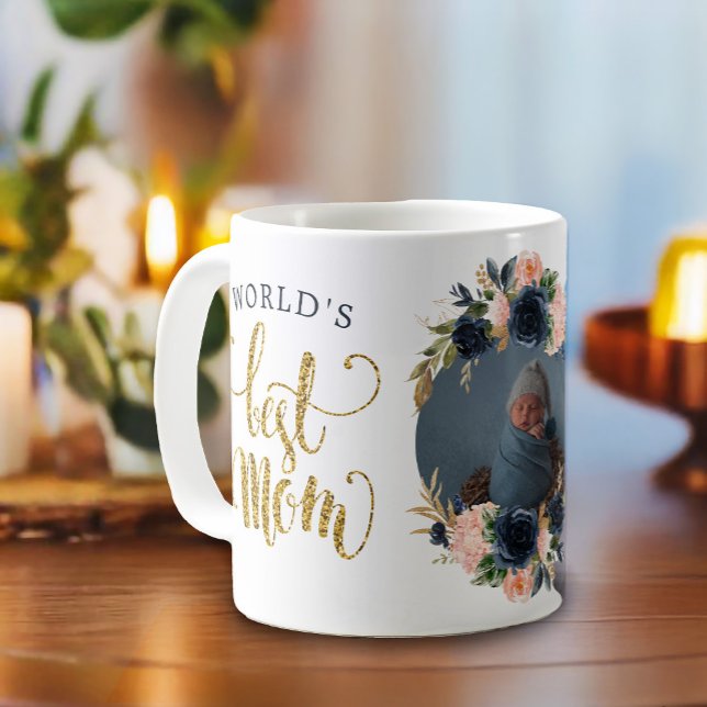 World's Best Mom Navy Pink Floral Botanical Photo Coffee Mug (Give your mom the world's best mom mug featuring a place for a photo with botanical floral)