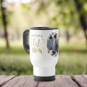 World's Best Mom Navy Pink Floral Botanical Photo Travel Mug