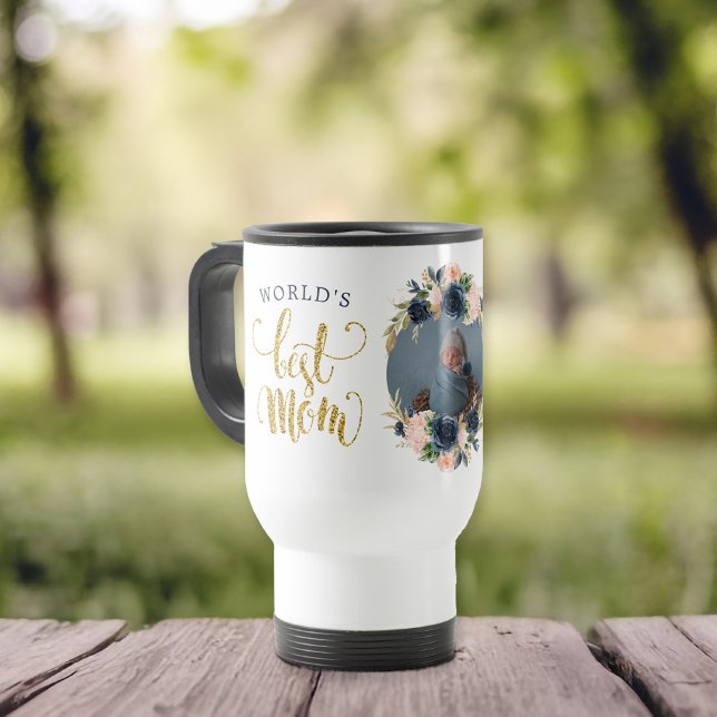 World's Best Mom Navy Pink Floral Botanical Photo Travel Mug (Give your mom the world's best mom mug featuring a place for a photo with botanical floral)