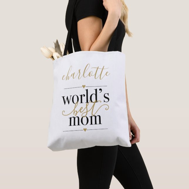 Worlds Best Mom Personalized Black And Gold Tote Bag (Close Up)