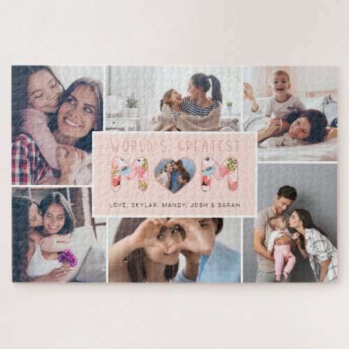 Worlds Best Mom Photo Collage  Floral Pattern Jigsaw Puzzle