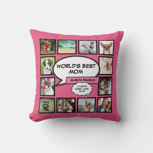 Worlds Best Mom Photo Collage Fun Pink Throw Pillow