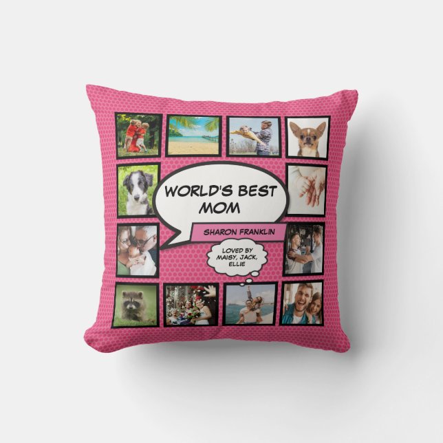 World's Best Mom Photo Collage Fun Pink Throw Pillow (Front)