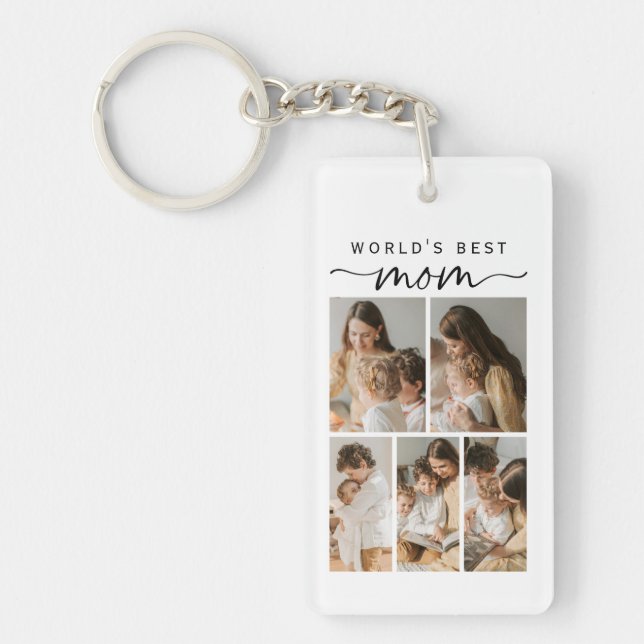 World's Best Mom Photo Collage Script Keepsake Keychain (Front)
