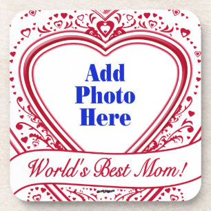 World's Best Mom! Photo Red Hearts Beverage Coaster