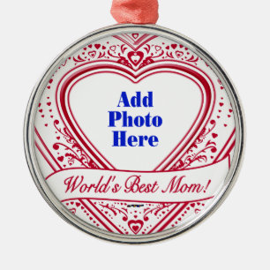 World's Best Mom! Photo Red Hearts Metal Ornament