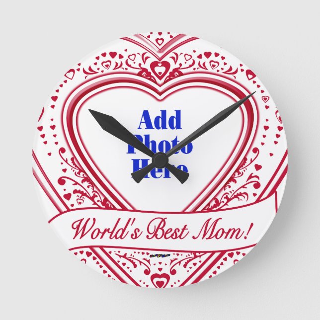 World's Best Mom! Photo Red Hearts Round Clock (Front)