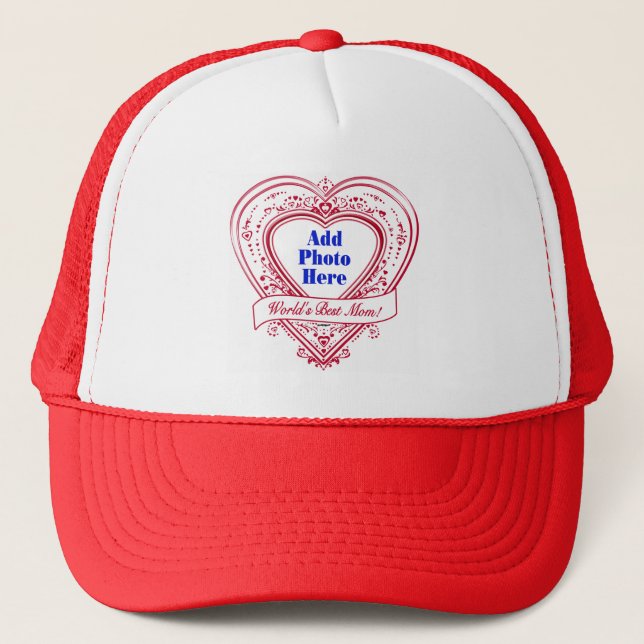World's Best Mom! Photo Red Hearts Trucker Hat (Front)