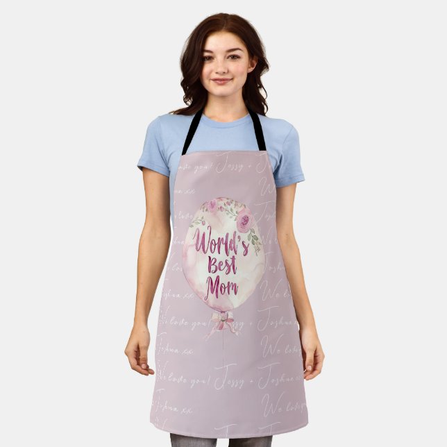 World's Best Mom Pink Floral Balloon Mother's Day Apron (Worn)