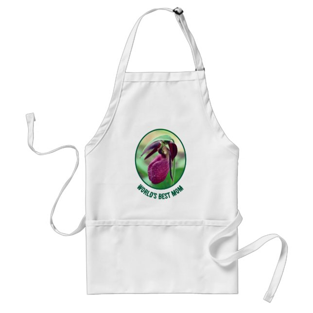 World's Best Mom Pink Lady Slipper Flower  Adult Apron (Front)