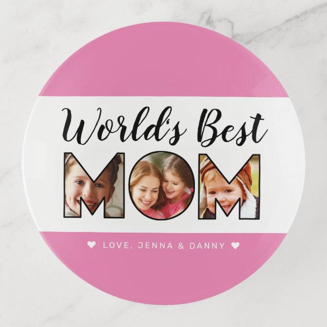 World's Best Mom Quote 3 Photo Collage Pink Trinket Tray (Front)