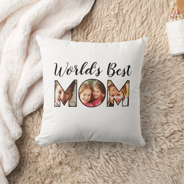 World's Best  Mom Quote 3 Photo Collage Throw Pillow (Blanket)