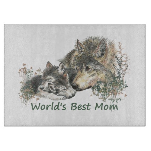 Worlds Best Mom Watercolor Wolf  Cub Nature Art Cutting Board