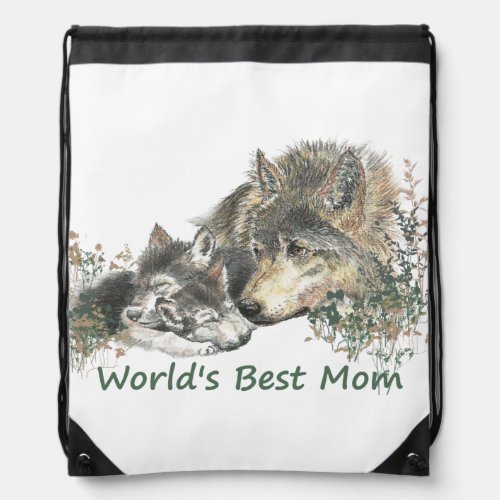 Worlds Best Mom Watercolor Wolf  Cub Nature Art Drawstring Bag