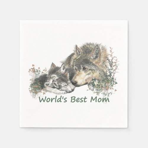 Worlds Best Mom Watercolor Wolf  Cub Nature Art Napkins