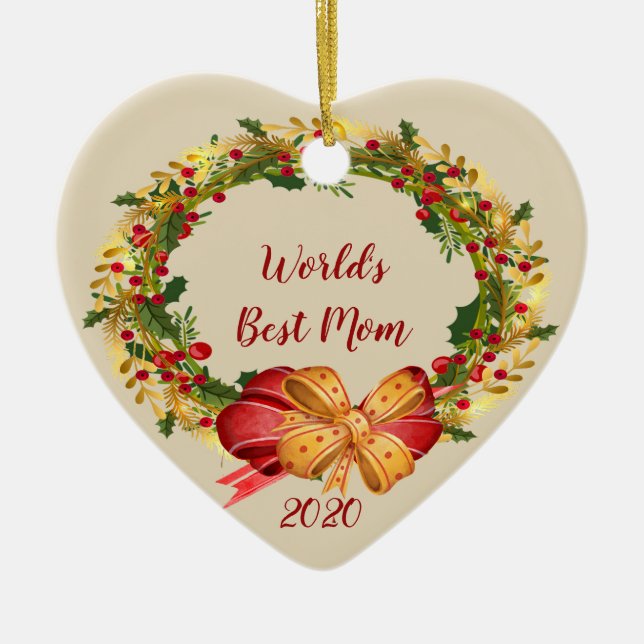 World's Best Mom with Antique Wreath Christmas Ceramic Ornament (Front)