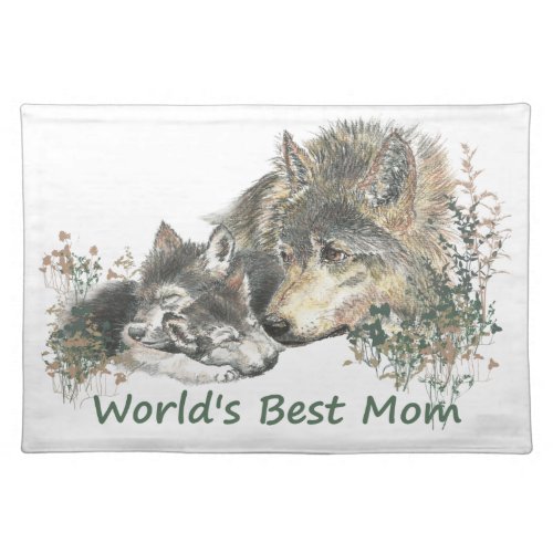 Worlds Best Mom Wolf  Cubs Animal Watercolor Cloth Placemat