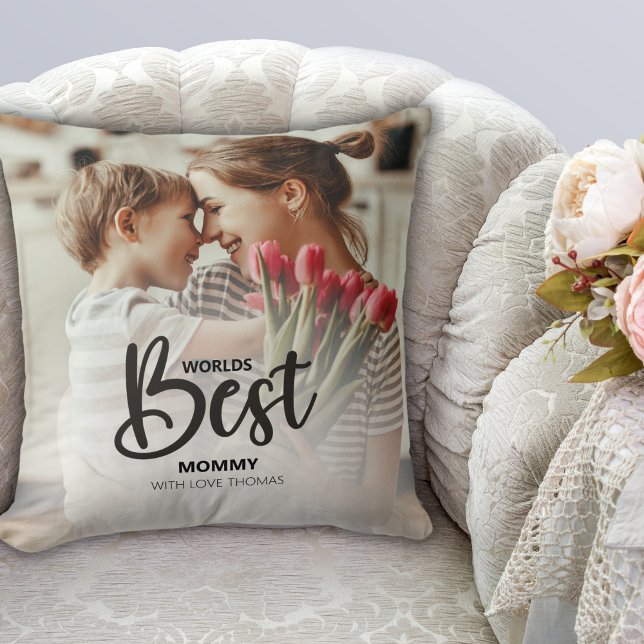 Worlds Best Mommy Photo with White Writing Throw Pillow (Creator Uploaded)