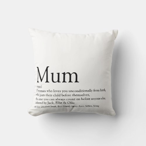 Worlds Best Mum Definition Quote Black and White Throw Pillow