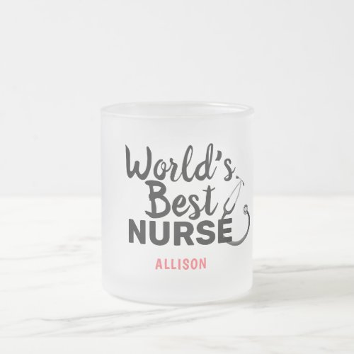 Worlds Best Nurse Stethoscope Pink Personalized Frosted Glass Coffee Mug
