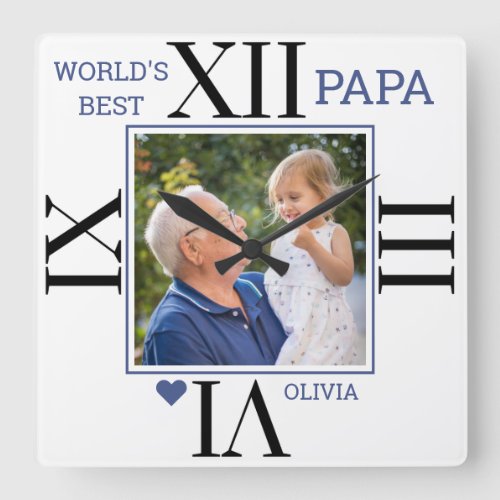Worlds Best Papa Photo Black  Roman Numeral Square Wall Clock