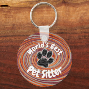Worlds Best Pet Sitter Groovy Paw Print Caregiver Keychain