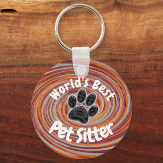 Worlds Best Pet Sitter Groovy Paw Print Caregiver Keychain