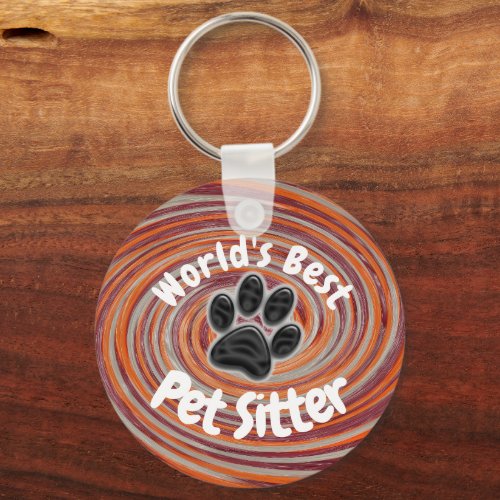 Worlds Best Pet Sitter Groovy Paw Print Caregiver  Keychain