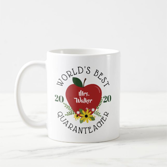 World's Best Quaranteacher Red Apple Floral Coffee Mug (Left)