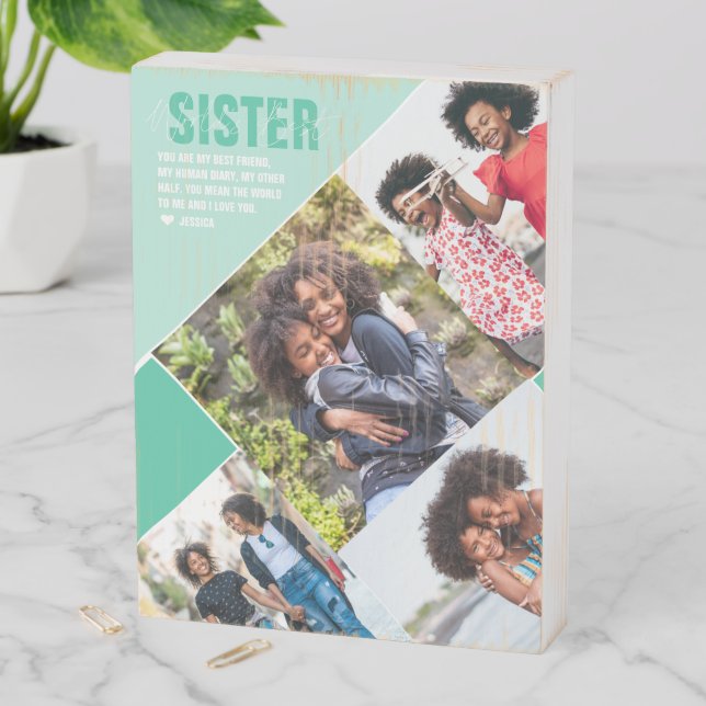 World's Best Sister | Modern Photo Collage Wooden Box Sign (In Situ Vertical)