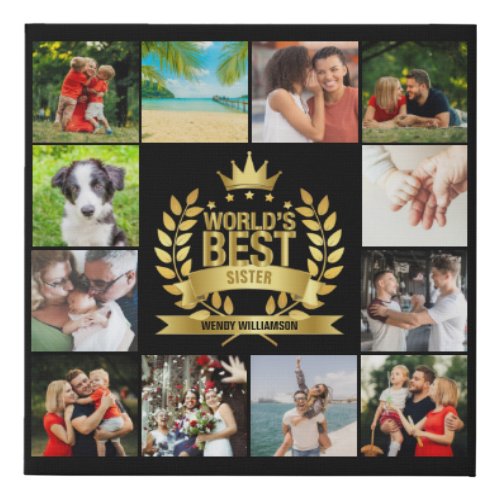 Worlds Best Sister Photo Collage Gold Black Faux Canvas Print