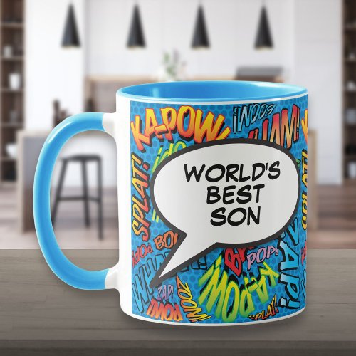 Worlds Best Son Fun Retro Comic Book Blue Mug