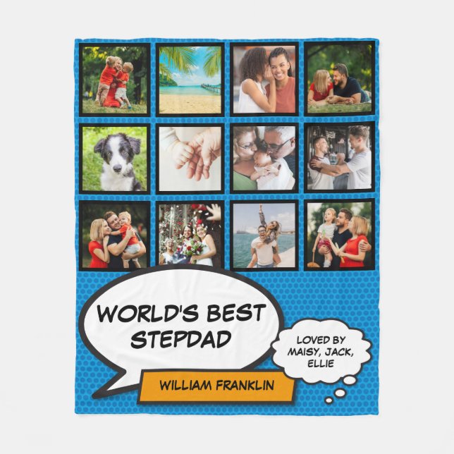 World's Best Stepfather, Stepdad 12 Photo Fun Blue Fleece Blanket (Front)