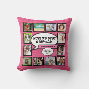 World's Best Stepmom 12 Photo Fun Pink Throw Pillow