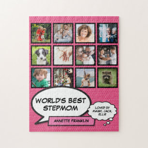 Worlds Best Stepmom 12 Photo Pink Modern Jigsaw Puzzle