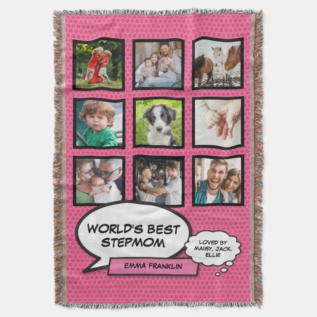 Worlds Best Stepmom 9 Photo Modern Pink Throw Blanket (Front Vertical)