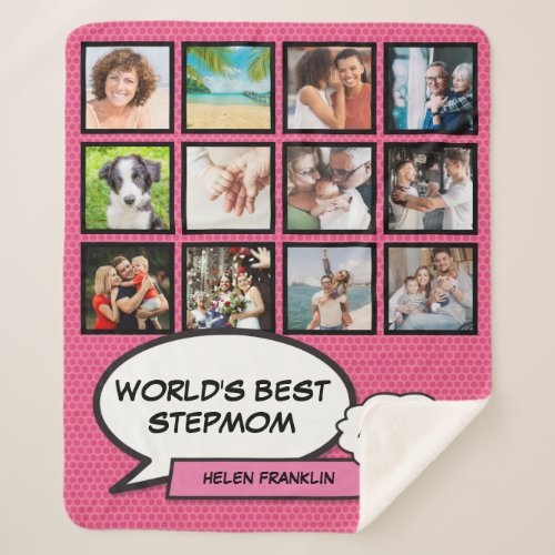 Worlds Best Stepmom Pink Photo Collage Fun Modern Sherpa Blanket