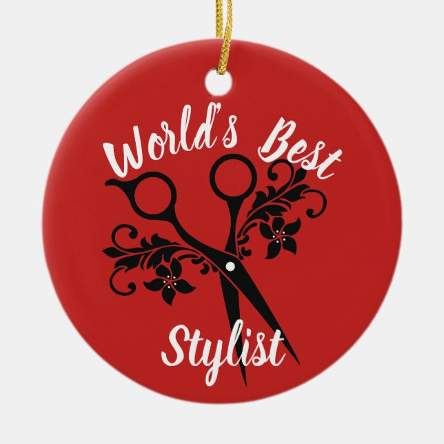 World's best stylist with scissors ceramic ornament (Front)