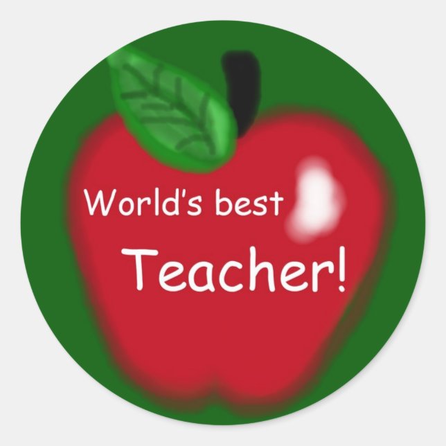 World's Best Teacher Apple on Green Round Sticker (Front)