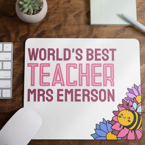 Worlds Best Teacher Bee Flowers Appreciation Gift Mouse Pad