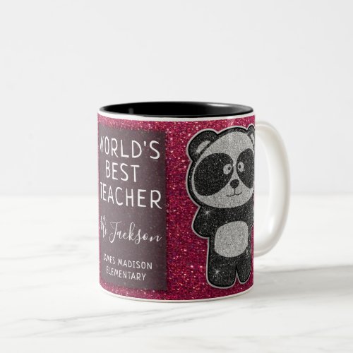 Worlds Best Teacher Black and White Panda Glitter Two_Tone Coffee Mug