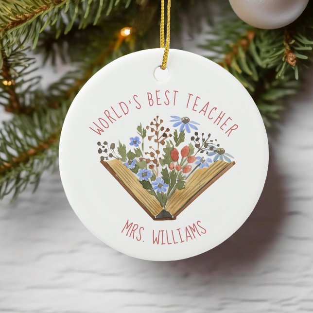 World's Best Teacher Book Floral Ceramic Ornament (Creator Uploaded)
