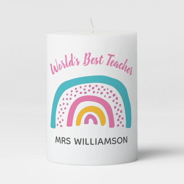 World's Best Teacher Bright Rainbow Pillar Candle (Front)