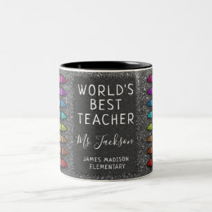 World's Best Teacher Class Rainbow Glitter Crayons Two-Tone Coffee Mug