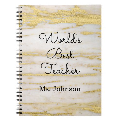 Worlds Best Teacher  Elegant White Gold Marble Notebook