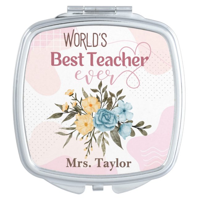 World's Best Teacher Ever Floral Personalized Compact Mirror (Front)