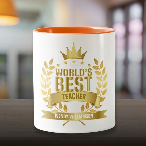 Worlds Best Teacher Fun Gold Two_Tone Coffee Mug